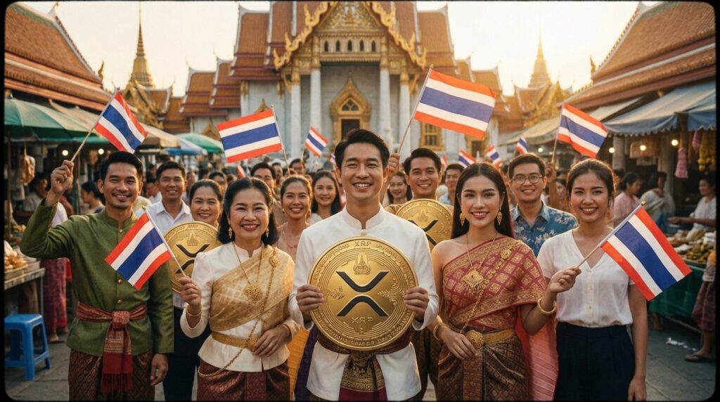 ภาพคนไทย ธงไทย พื้นหลังไทยๆ สไตล์ ที่ทุกคนต่างรักเหรียญ xrp ripple ดูเป็นเหรียญมหาชน realistic cinematic