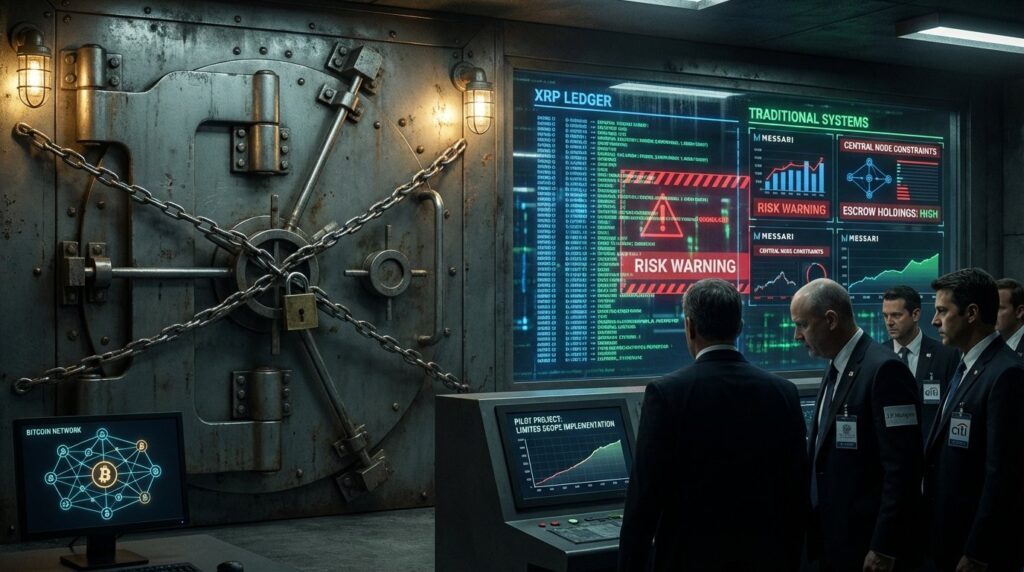 Cinematic image showing a massive, securely locked bank vault door with heavy regulatory chains. Behind it, a high-tech digit