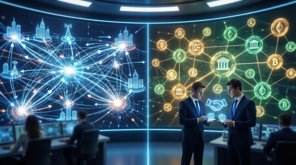 A wide, split-screen cinematic visualization illustrating the parallel systems of global finance. The left side captures the 