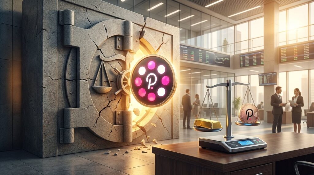 Cinematic photo of a glowing Polkadot logo breaking out of a heavy stone vault labeled with abstract legal symbols. The scene