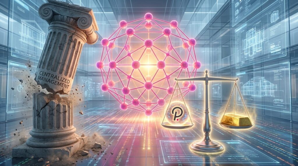 Cinematic conceptual photo, no text. A glowing Polkadot network structure made of interconnected pink spheres radiating energ