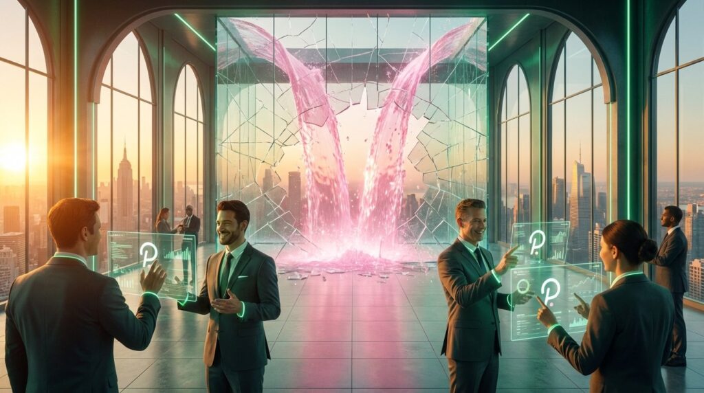 Cinematic photo, no text. A massive, high-tech glass barrier shattering, letting a flood of liquid pink light (DOT liquidity)