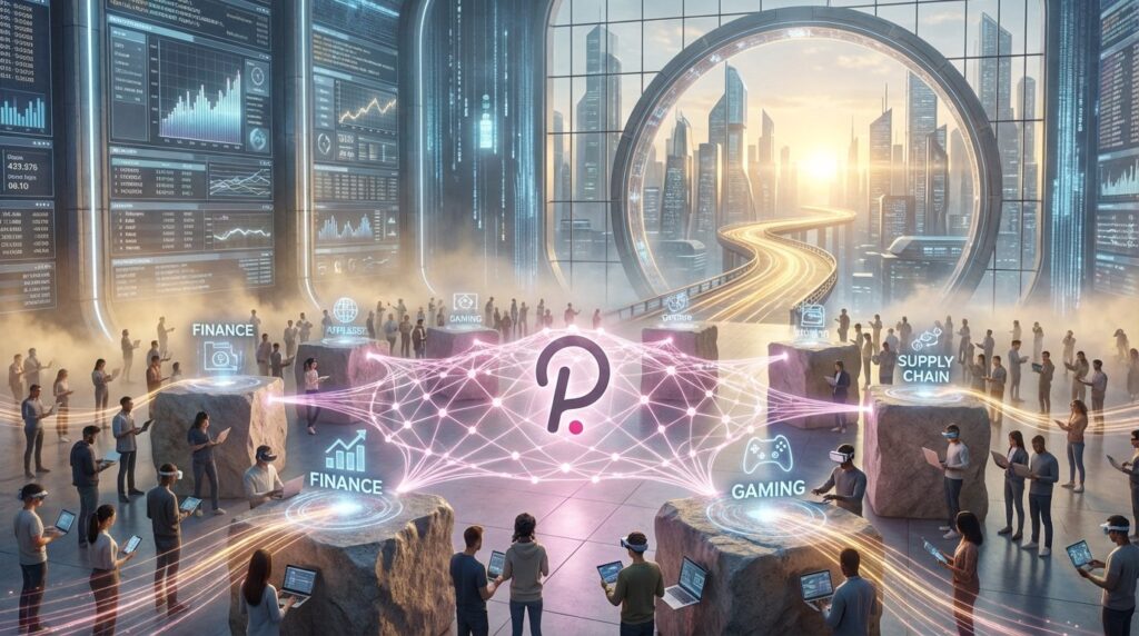 Cinematic conceptual photo, no text. In a grand, modern digital hall, a glowing Polkadot pink network structure is firmly anc