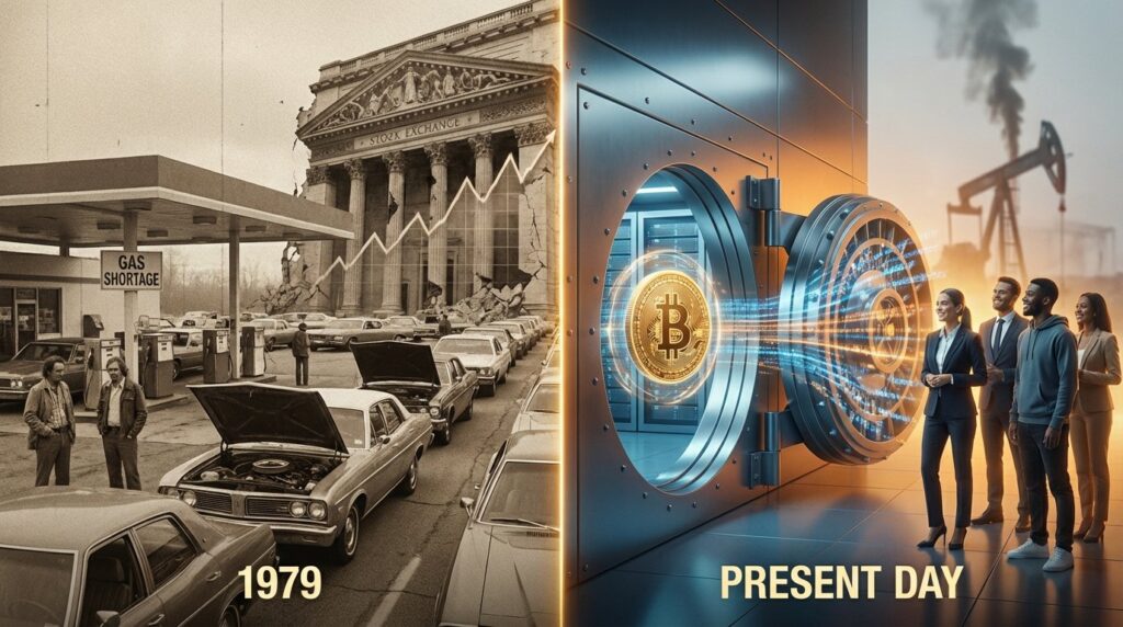 Split-screen cinematic photo, no text. Left: 1979 oil crisis in sepia; long car lines at empty pumps, a crumbling stock excha