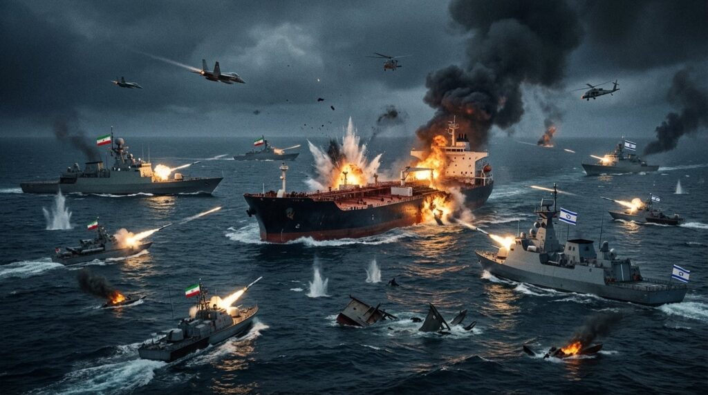 สงครามอิหร่าน อิสราเอลเรือน้ำมัน realistic cinematic กลางทะเล