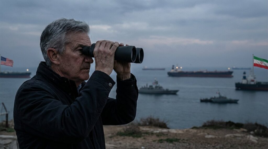 fed jerome powell ใช้กล้องส่องทางไกลมองเรือน้ำมัน สงครามอิหร่าน สหรัฐ realistic cinmeatic no text