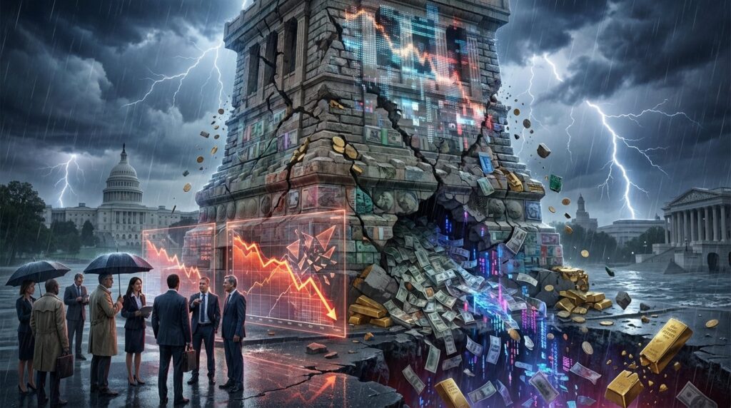 A cinematic, wide-angle photograph of an unstable, towering monument of ancient stone blocks, crumbling currency, fractured g