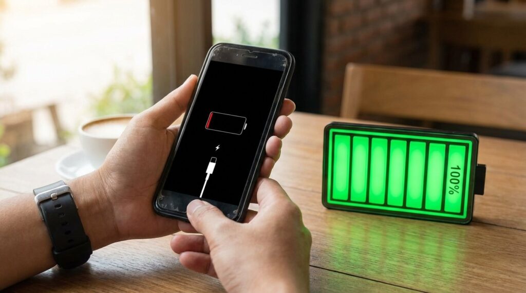 A person is holding an iPhone 6s with a dead battery. Next to it is a green battery indicator showing a fully charged phone.