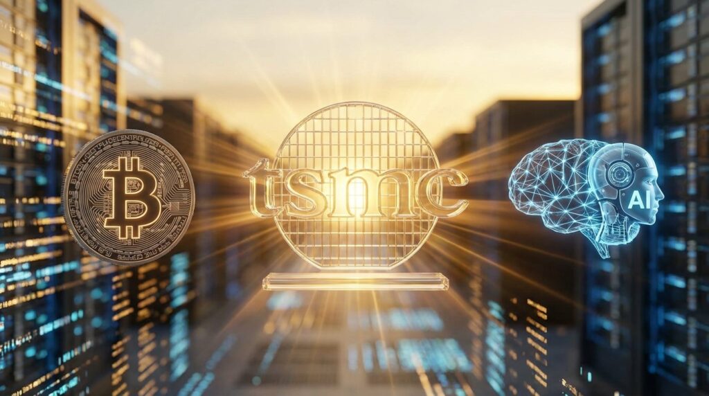 TSMC floated in a golden light, with Bitcoin and AI beside it.