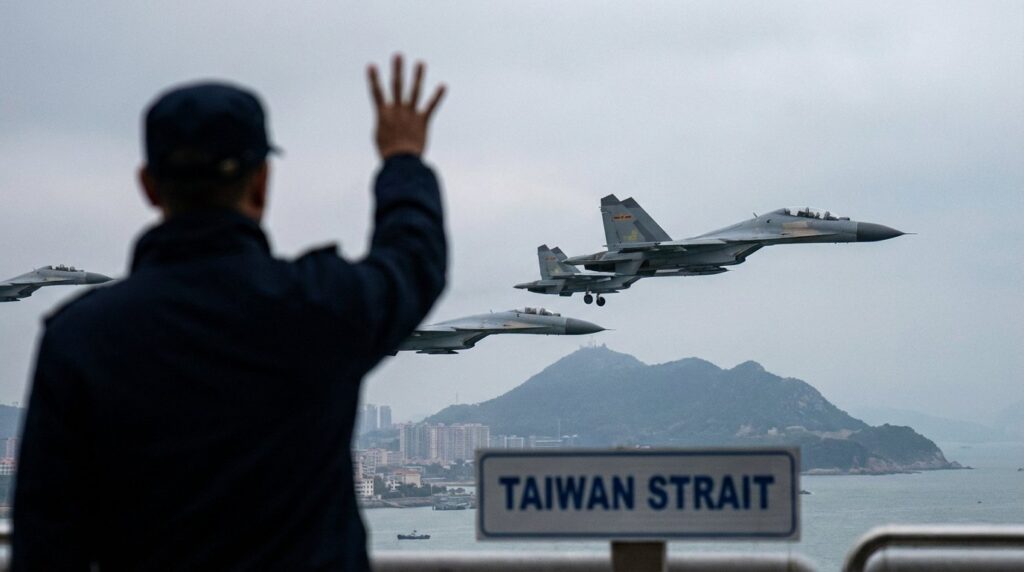 The person holding up four fingers is in the background amidst the situation of Chinese fighter jets flying close to Taiwan.