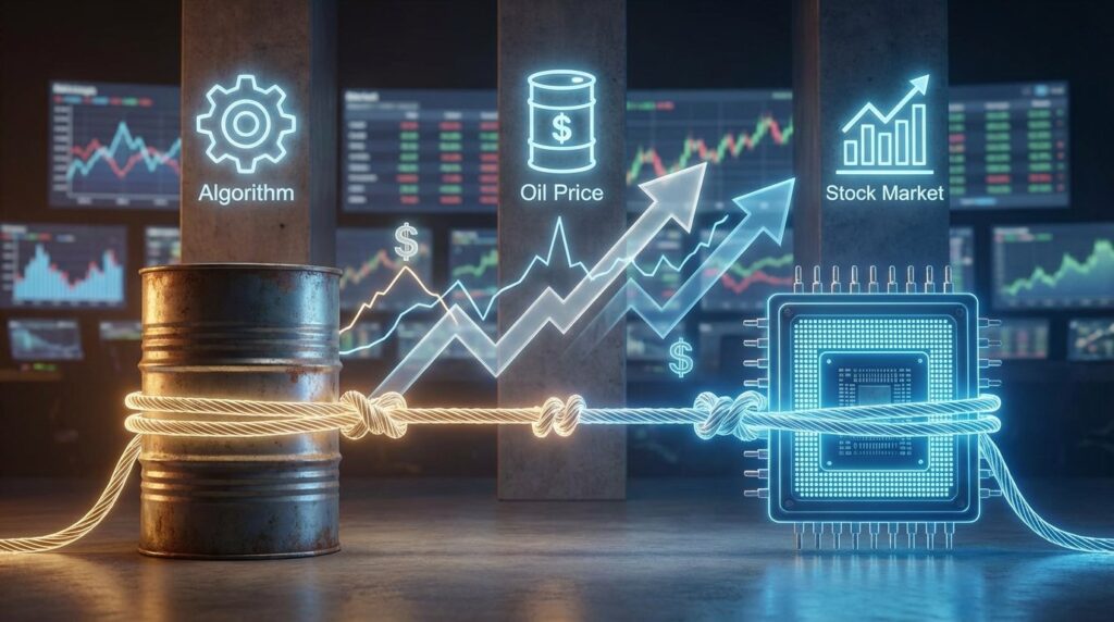 คำแนะนำภาพประกอบ (Prompt for Image): Infographic style. A tug-of-war between an oil barrel and a computer chip. Arrows pointi