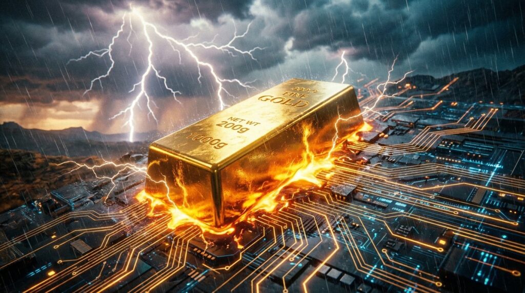 ภาพทองคำแท่งขนาดมหึมาที่กำลังถูกหลอมรวมกับวงจรดิจิทัล ภายใต้ท้องฟ้าที่มีพายุสายฟ้า สื่อถึงความแข็งแกร่งท่ามกลางวิกฤต (Realist