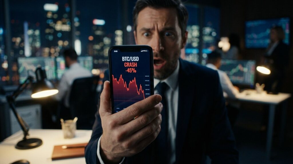 Close-up of a professional trader's hand holding a smartphone, looking at a volatile crypto chart with a shocked expression. 
