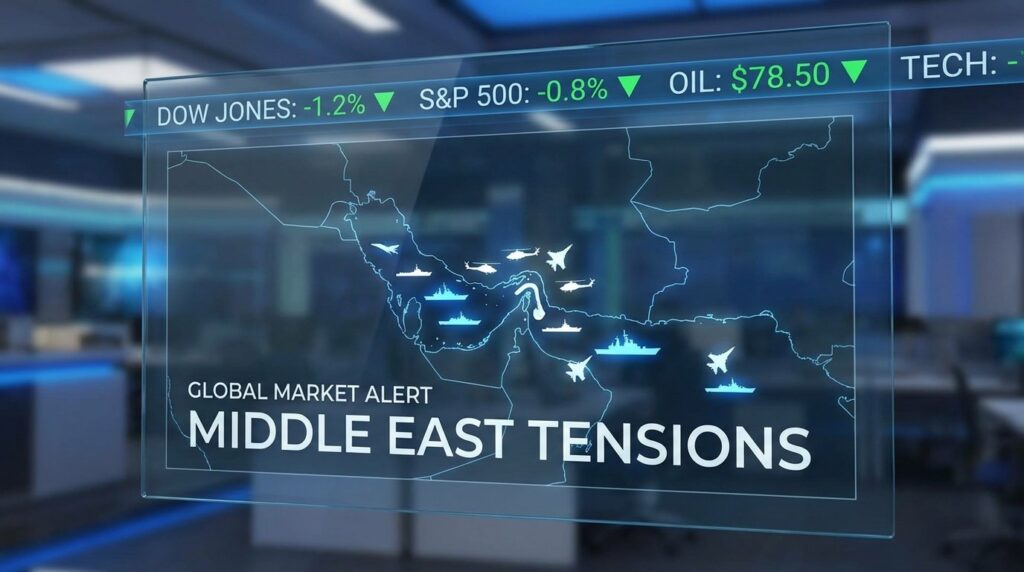A digital map of the Middle East and the Strait of Hormuz on a glass display. Icons representing naval ships and military air
