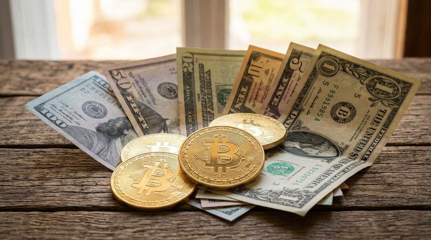 Bitcoin with Dollars banknote