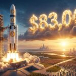 จรวด Bitcoin กำลังเตรียมพุ่งจากซ้ายไปความของภาพ โดยบนฟ้ามี "$83,000" ที่สื่อว่าจรวดกำลังจะไปพุ่งชนคำนั้น