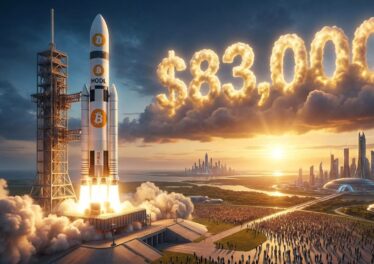 จรวด Bitcoin กำลังเตรียมพุ่งจากซ้ายไปความของภาพ โดยบนฟ้ามี "$83,000" ที่สื่อว่าจรวดกำลังจะไปพุ่งชนคำนั้น