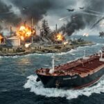 เรือขนส่งน้ำมันที่กำลังขับหนีออกจากเกาะที่มีโรงงานน้ำมันอยู่บนเกาะ โดยบนเกาะกำลังทำสงครามอยู่และโรงงานบางส่วนถูกทำลาย