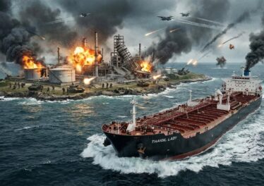 เรือขนส่งน้ำมันที่กำลังขับหนีออกจากเกาะที่มีโรงงานน้ำมันอยู่บนเกาะ โดยบนเกาะกำลังทำสงครามอยู่และโรงงานบางส่วนถูกทำลาย