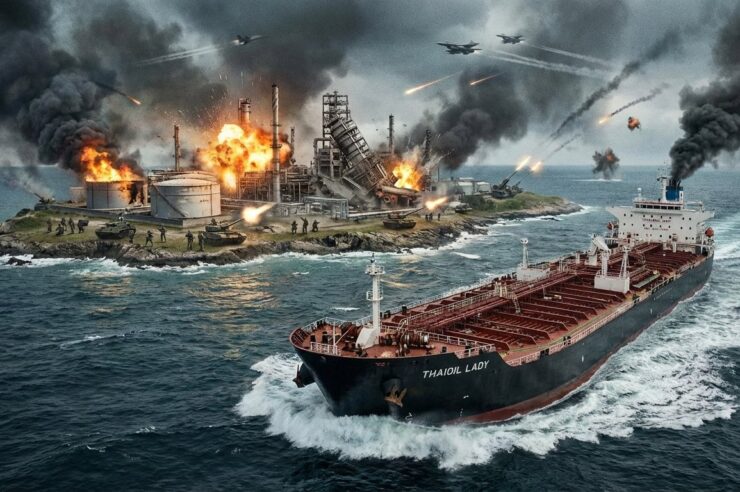 เรือขนส่งน้ำมันที่กำลังขับหนีออกจากเกาะที่มีโรงงานน้ำมันอยู่บนเกาะ โดยบนเกาะกำลังทำสงครามอยู่และโรงงานบางส่วนถูกทำลาย