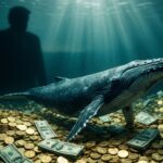 ปลาวาฬกำลังวาฬอยู่ในน้ำพร้อมกองเงิน และมีเงาเข้ม ๆ ของ Donald Trump ลาง ๆ จนแทบดูไม่ออกว่าใครอยู่ในพื้นหลังของภาพ