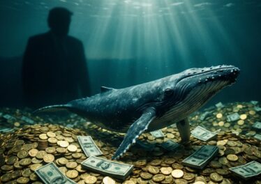 ปลาวาฬกำลังวาฬอยู่ในน้ำพร้อมกองเงิน และมีเงาเข้ม ๆ ของ Donald Trump ลาง ๆ จนแทบดูไม่ออกว่าใครอยู่ในพื้นหลังของภาพ