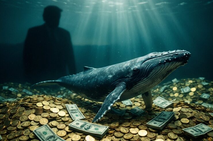 ปลาวาฬกำลังวาฬอยู่ในน้ำพร้อมกองเงิน และมีเงาเข้ม ๆ ของ Donald Trump ลาง ๆ จนแทบดูไม่ออกว่าใครอยู่ในพื้นหลังของภาพ