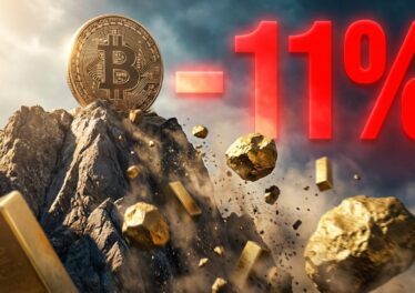 เหรียญ Bitcoin กำลังตั้งตระหง่าบนยอดเขา ในขณะที่ทองคำที่กำลังตกเขา โดยมีเลข -11% สีแดงอยู่ในพื้นหลัง แสดงถึงทองคำที่ราคาร่วงอ