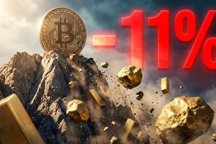 เหรียญ Bitcoin กำลังตั้งตระหง่าบนยอดเขา ในขณะที่ทองคำที่กำลังตกเขา โดยมีเลข -11% สีแดงอยู่ในพื้นหลัง แสดงถึงทองคำที่ราคาร่วงอ