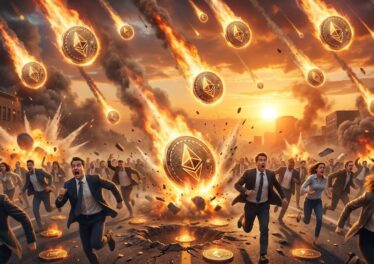 อุกกาบาตเหรียญ Ethereum จำนวนมากกำลังร่วงลงมาจากท้องฟ้า และนักลงทุนหลายคนกำลังวิ่งหนี