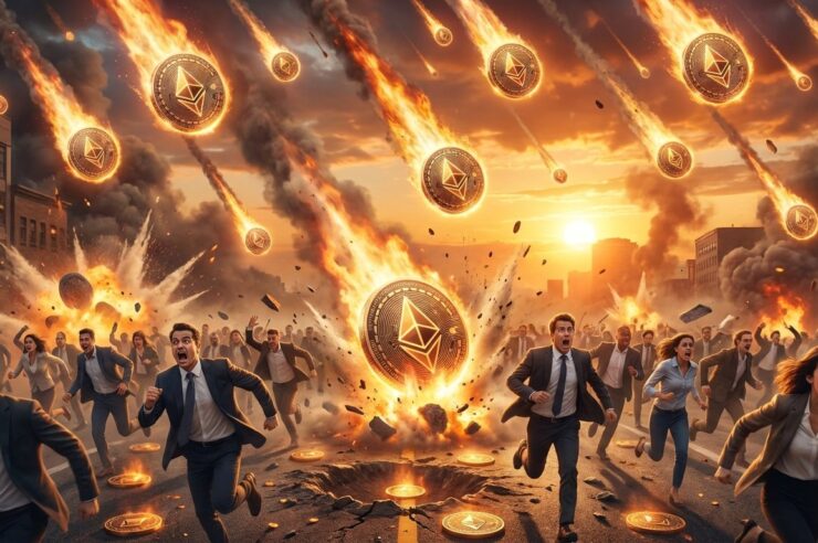 อุกกาบาตเหรียญ Ethereum จำนวนมากกำลังร่วงลงมาจากท้องฟ้า และนักลงทุนหลายคนกำลังวิ่งหนี
