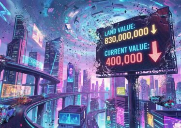 เมือง Metaverse สีสันสดใสที่ค่อย ๆ ล่มสลายเหมือนตอน Thanos ดีดนิ้ว พร้อมกับมีแรก 830,000,000 กับ 400,000 สื่อว่ามูลค่าของที่ด