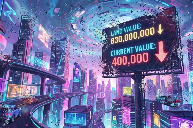 เมือง Metaverse สีสันสดใสที่ค่อย ๆ ล่มสลายเหมือนตอน Thanos ดีดนิ้ว พร้อมกับมีแรก 830,000,000 กับ 400,000 สื่อว่ามูลค่าของที่ด