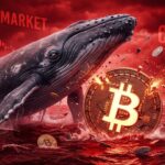 วาฬกำลังว่ายน้ำพุ่งชน Bitcoin ด้วยความรวดเร็วและความโกรธ โดยพื้นหลังมีสีแดงแสดงถึงตลาดขาลง