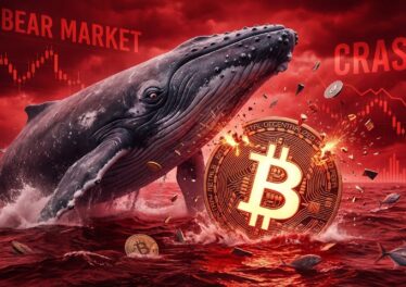 วาฬกำลังว่ายน้ำพุ่งชน Bitcoin ด้วยความรวดเร็วและความโกรธ โดยพื้นหลังมีสีแดงแสดงถึงตลาดขาลง