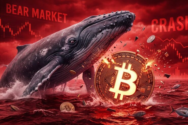 วาฬกำลังว่ายน้ำพุ่งชน Bitcoin ด้วยความรวดเร็วและความโกรธ โดยพื้นหลังมีสีแดงแสดงถึงตลาดขาลง
