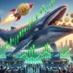 ปลาวาฬที่มีจรวด Bitcoin อยู่ข้างหลังกำลังไล่กิน Bitcoin พร้อมกับบรรยากาศตลาดขาขึ้น โดยภาพเป็นแบบ Realistic