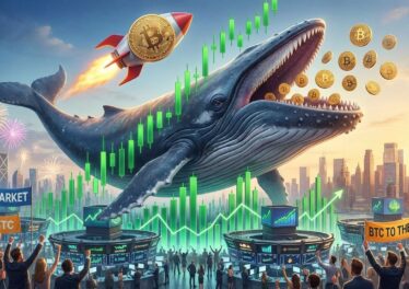 ปลาวาฬที่มีจรวด Bitcoin อยู่ข้างหลังกำลังไล่กิน Bitcoin พร้อมกับบรรยากาศตลาดขาขึ้น โดยภาพเป็นแบบ Realistic