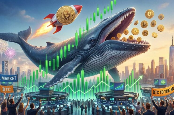 ปลาวาฬที่มีจรวด Bitcoin อยู่ข้างหลังกำลังไล่กิน Bitcoin พร้อมกับบรรยากาศตลาดขาขึ้น โดยภาพเป็นแบบ Realistic