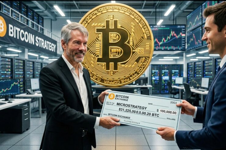 Micheal Saylor CEO ผู้ก่อตั้ง Strategy กำลังจ่ายเงินซื้อ Bitcoin พร้อมทำหน้ายิ้มแบบมั่นใจ โดยในภาพมีเหรียญ Bitcoin ขนาดใหญ่อย