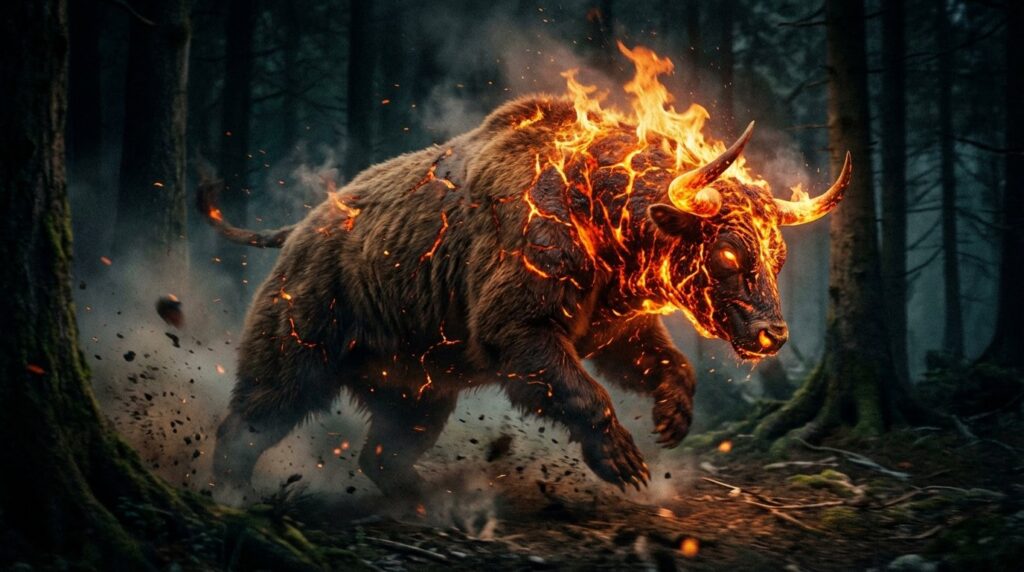 หมีกลายร่างเป็นกระทิงไฟพร้อมวิ่งพุ่งแรง realistic cinematic