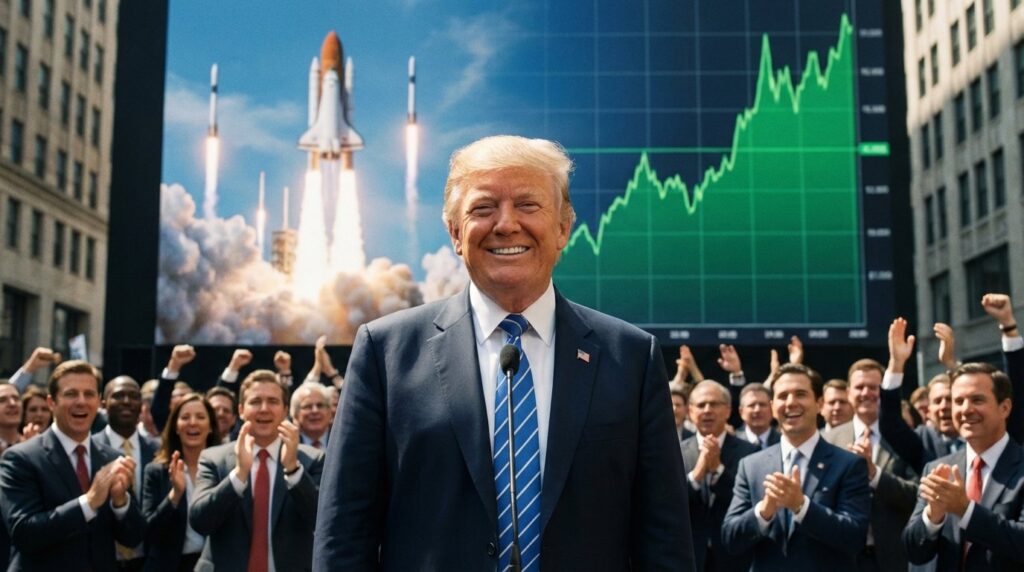 ทรัมป์ประกาศหยุดสงครามชั่วคราวยิ้มตลาดจรวดพุ่งกราฟเขียว realistic cinematic no text