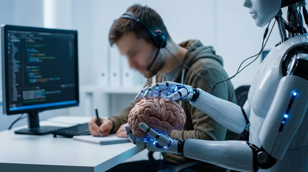 A human brain, belonging to someone sitting and writing at a computer, is being held by an AI robot.