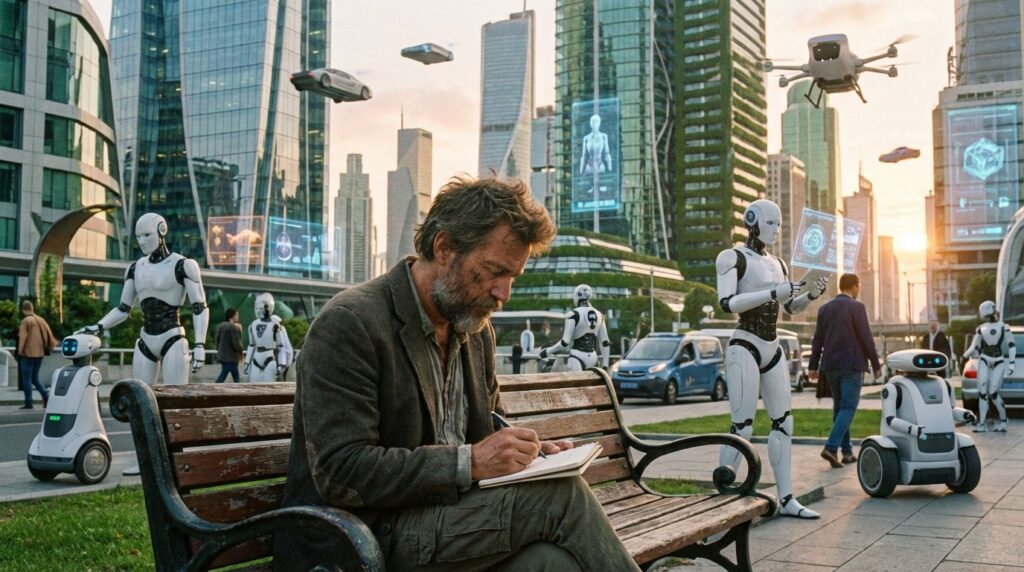A man is sitting and writing his work amidst a city filled with AI robots.