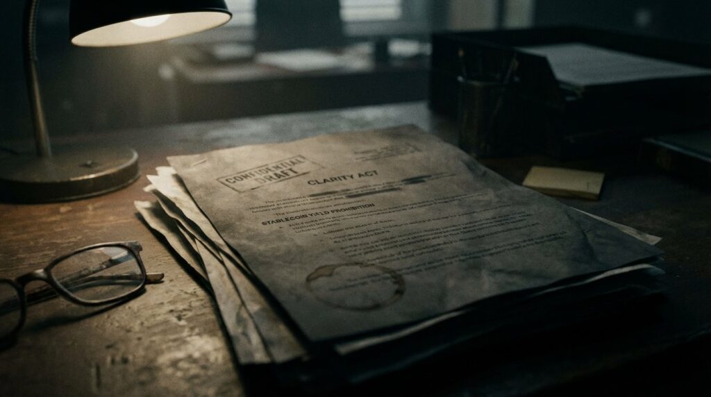 เอกสารร่างกฎหมาย CLARITY Act ที่หลุดออกมา ซึ่งมีเนื้อหาสำคัญในการสั่งแบนแพลตฟอร์มคริปโตจากการจ่ายผลตอบแทน (Yield) ให้แก่ผู้ถื