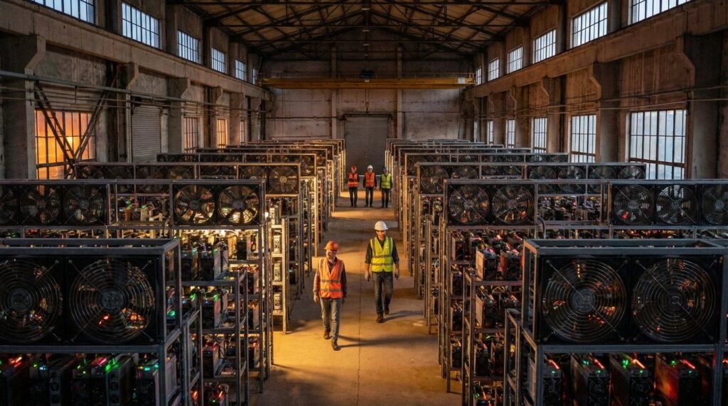 ภาพเหมืองขุดคริปโตที่ยังทำงานปกติกำไรปกติ realistic cinematic no text