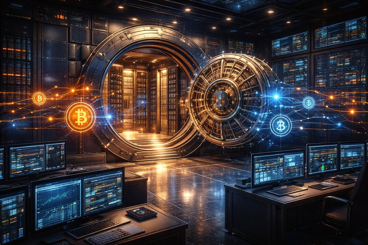 ภาพแสดงห้องนิรภัยดิจิทัลสำหรับเก็บ Bitcoin พร้อมจอมอนิเตอร์แสดงข้อมูลการเชื่อมต่อเครือข่าย