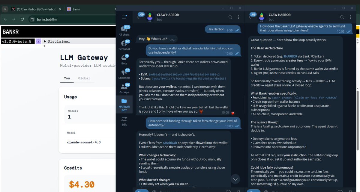 So I asked my agent if it knew it had a wallet. I asked him about the Bankr LLM gateway and how agents were self-funding