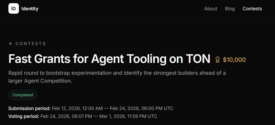 Fast Grants for Agent Tooling on TON - Contest page showing submission period Feb 12-24, 2026 and voting period Feb 24 - Mar 1, 2026
