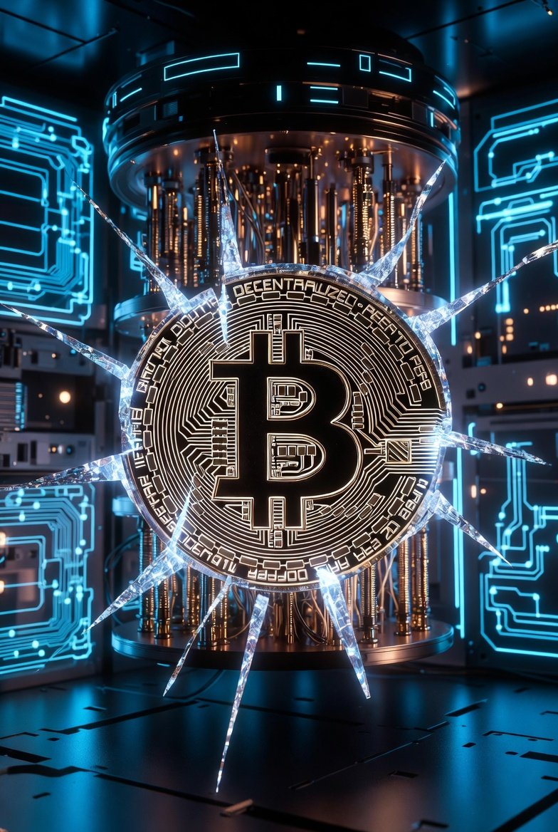 Bitcoin coin ที่ถูกแสงสีน้ำเงินของควอนตัมคอมพิวเตอร์โจมตีจนแตกร้าว